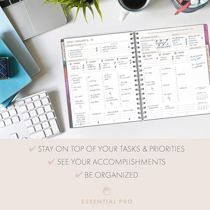 Essential PRO 2025 Daily, Weekly & Monthly Planner, 7"x9": 14 Months (Nov 2024 - Dec 2025) Monthly Tabs,Daily Tracking,Notes Pages,Storage Pocket,Bookmark w Sticky Notes (Pastel Peacock)