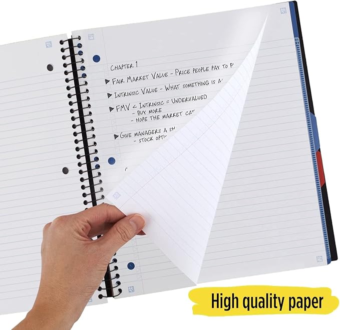 Five Star Advance Spiral Notebook + Study App, 3 Subject, College Ruled Paper, 11" x 8-1/2", 150 Sheets, With Spiral Guard and Movable Dividers, Black, 1 Count (73132)