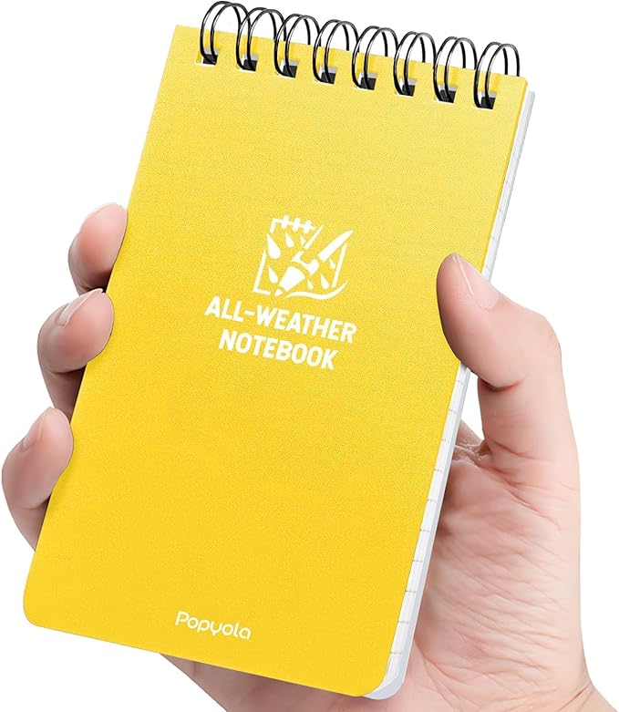POPYOLA 1 Pack Waterproof Pocket Notebook, 3x5 Pocket Notepad, All Weather Mini Spiral Notepad, Write in the Rain Police Notepad with 100 Squared Pages for Outdoor Home Office School, Yellow