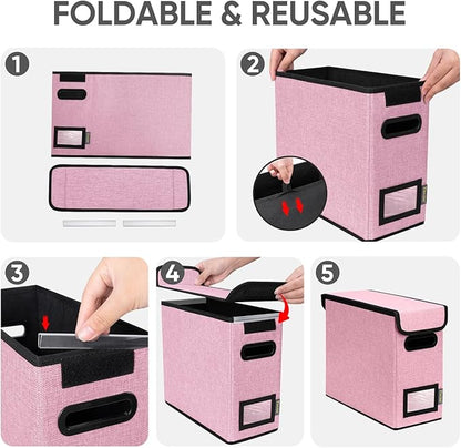 BALEINE File Organizer Box with Lid, Collapsible File Folder Organizer with Plastic Slide, Hanging File Folder Box for Office Document Storage (2 Pack, Pink, S)
