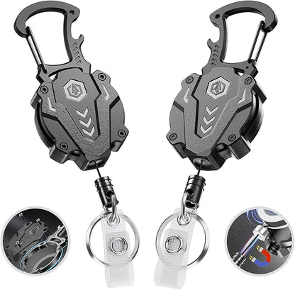 2Pack Heavy Duty Retractable Keychain, Tactical ID Badge Holder Reel Carabiner Clip with Magnetic Closure for Men, Unbreakable Sandwich Construction with 31" Dyneema Cord, Bearing 25oz