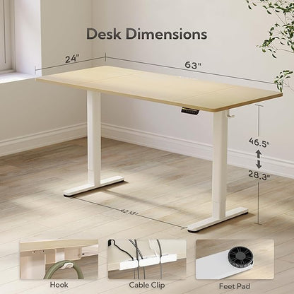 Electric Standing Desk, Adjustable Height Stand up Desk, 63x24 Inches Sit Stand Home Office Desk with Splice Board, White Frame/Nature Top