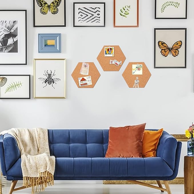 FEBSNOW 3 Pack Self-Adhesive Cork Board Tiles Hexagonal Cork Board Mini Wall Bulletin Board with 50 Multi-Color Push Pins