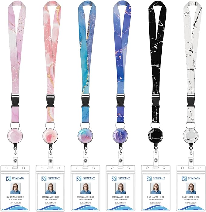 6 Pack Lanyards for Id Badges, Badge Women Lanyards with ID Holder Detachable Cruise Lanyards with Waterproof ID Holder Retractable Badge Reel for Office School Cruise Ship Key ID Cards (Marble Style)
