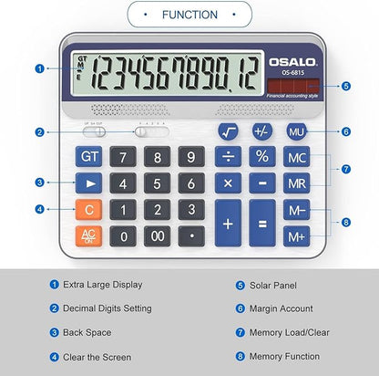 Desktop Calculator Extra Large 5in LCD Display 12-Digit Big Button Giant Accounting Calculator, Battery & Solar Powered, for Office Business & Home(OS-6815)