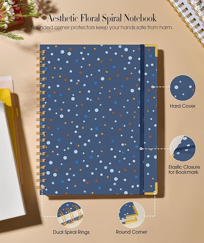 Cute Spiral Notebook Journal for Women, 200 Pages Lined Notebooks 8.5” x 11”, A4 Large Hardcover Spiral Journals with 100 GSM Thick Paper, College Ruled Notebook for Writing Work School, Navy Dots