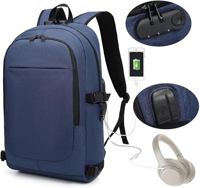 Varietyathletics 19" Laptop Backpack and Organizer Case Set USB Headset Port Anti-Theft Waterproof Travel Work College (Navy)