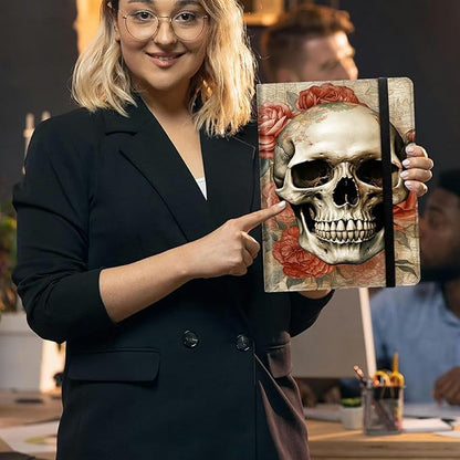 Skull Roses Padfolio Folder with Clipboard,Portfolios Organizer Clipboards with Storage Clipboard Writing Pad PU Leather Conference Document Organizer with Business Card Holder