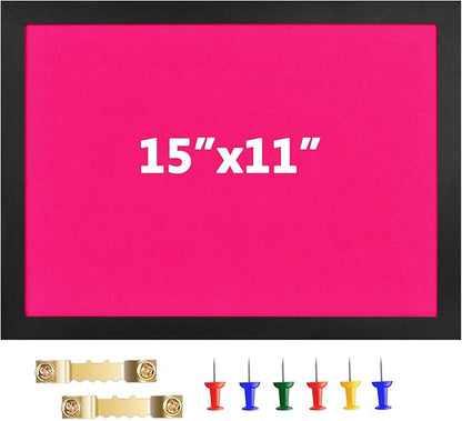 Cork Board Bulletin Board Wood Framed Display with Felt, Pin Board for Jewelry, Notes, Memos, Photos, Home, Kitchen, Office, School, Wall, 15"x11", Wood Framed(Black) & Felt(Pink)