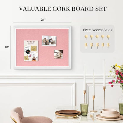 Large Pink Cork Board with Linen, 24" x 18" Hanging Wood Framed Bulletin Board, Picture Display Vision Board Corkboards for Wall Room School Office Decor, 10 Pushpins, 1 Pack