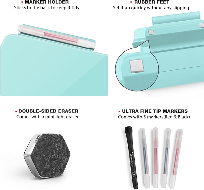 Teal Blue Mini Desktop Pure Glass Whiteboard, Small Slope Slick Desk Whiteboard Glass, Desk White Board, Desktop White Board Dry Erase, Stenography Artifact for Office Home Schooling Décor, 8x6 Inches