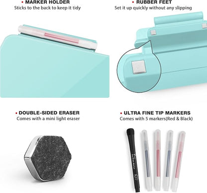 Teal Blue Mini Desktop Pure Glass Whiteboard, Small Slope Slick Desk Whiteboard Glass, Desk White Board, Desktop White Board Dry Erase, Stenography Artifact for Office Home Schooling Décor, 8x6 Inches