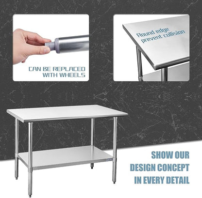 HALLY Stainless Steel Table for Prep & Work 30 x 60 Inches, NSF Commercial Heavy Duty Table with Undershelf and Galvanized Legs for Restaurant, Home and Hotel