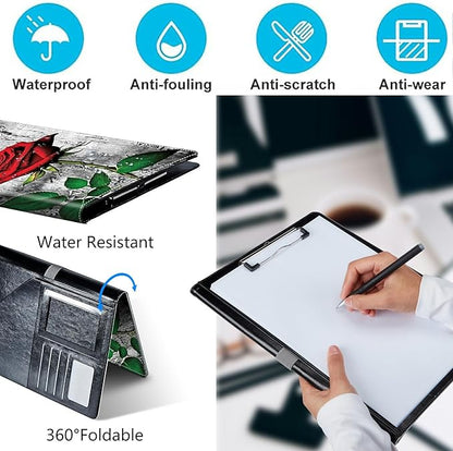 PU Leather Padfolio Folder Clipboard Portfolios Organizer Conference Document Organizer with Business Card Holder Storage Clipboard Writing Pad,Elegant Red Rose