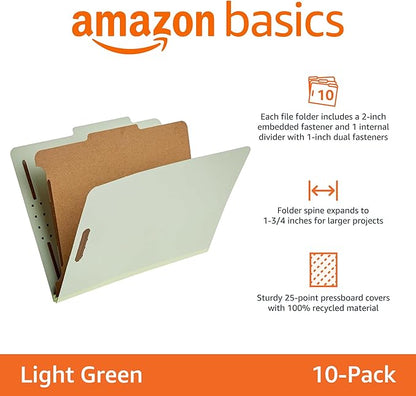 Amazon Basics Classification Folder- 100% Recycled, 1 Divider, 2-Inch Embedded, 12.05 x 10.47 inch (Letter), Light Green, 10-Pack