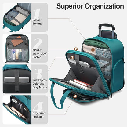 Personal Item 16-Inch Underseat Carry on Luggage With Wheels Lightweight Wheeled Underseater under seat bags for airplanes Upright 2 Wheel Teal Green