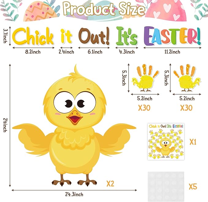 B1ykin 77Pcs Easter Chicks Handprint Bulletin Board Decoration Set, Chick It Out It’s Easter Cutout Chalkboard Wall Decor, Party Border Trim Supply for Elementary Kindergarten Preschool Classroom Home
