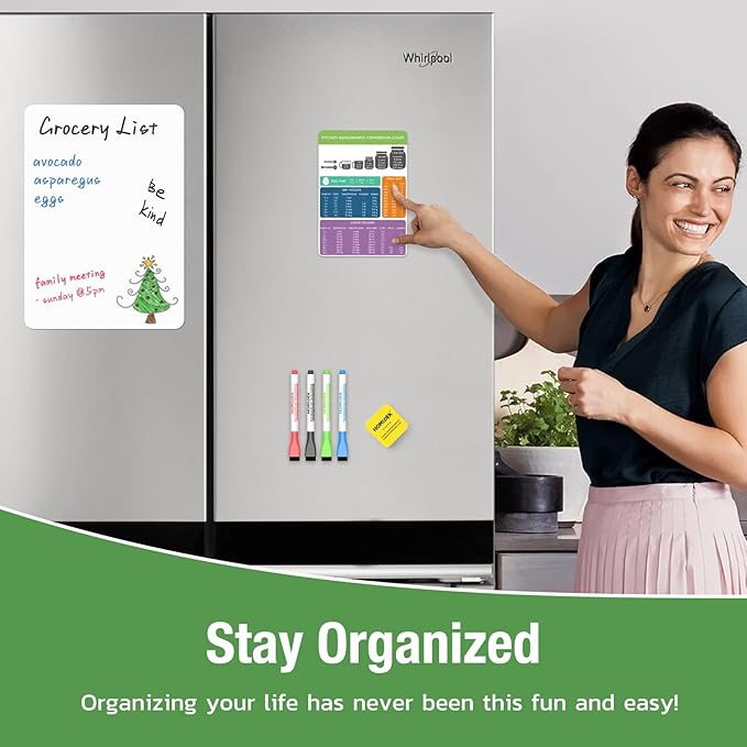 Magnetic Dry Erase Board: Small Fridge Whiteboard, Flexible Refrigerator Magnet White Board, Blank Writing Note Sheet with Kitchen Conversion Chart Magnet, 4 Markers & Eraser - 12 x 8