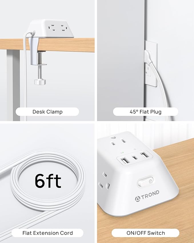 Desk Clamp Power Strip, Surge Protector with 5 AC Outlets and 3 USB Ports, Desk Mount Charging Station, Fit 1.97in Tabletop Edge Thick, 6FT Extension Cord, for Home Office Gaming Accessories