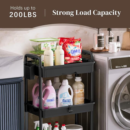 Rolling Utility Cart with Drawer 3 Tier, Utility Storage Organizer with Plastic Shelf & Lockable Wheels Multifunctional Storage Cart for Kitchen, Bathroom, Office, Living Room, Black