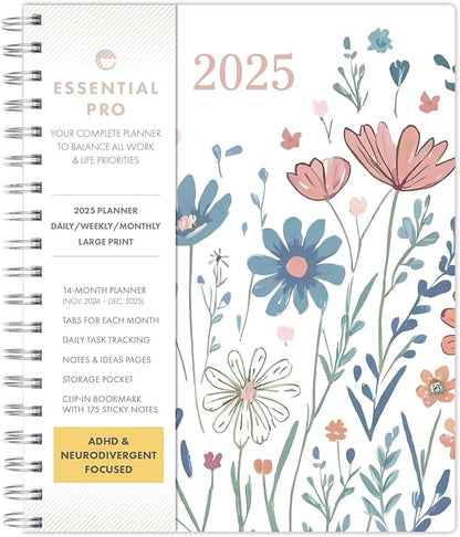 Essential PRO 2025 Daily, Weekly & Monthly Planner, 7"x9": 14 Months (Nov 2024 - Dec 2025) Monthly Tabs,Daily Tracking,Notes Pages,Storage Pocket,Bookmark w Sticky Notes (Colorful Botanicals)