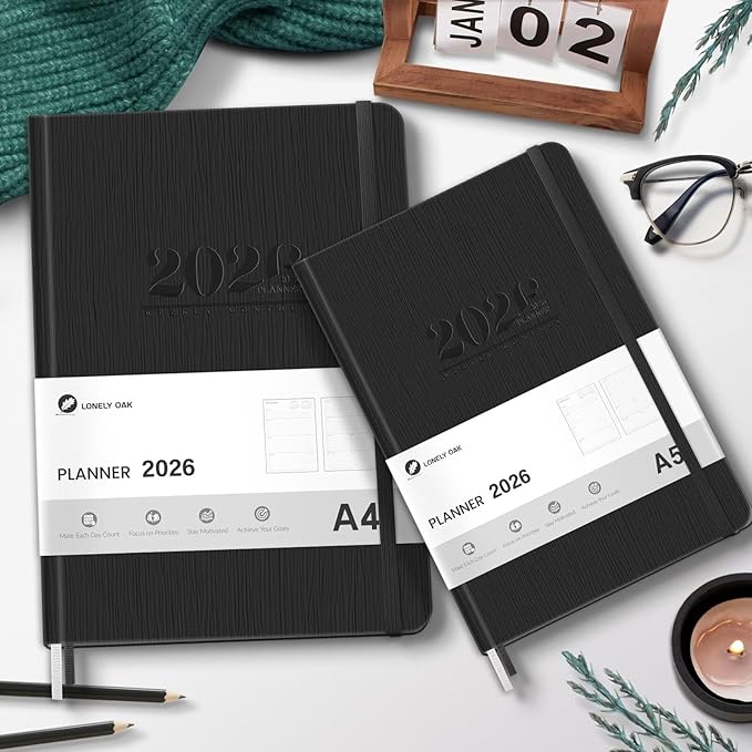2026 Planner, Large Weekly and Monthly Planners, A4 Faux Leather Daily Calendar 2026 Planner, 12 Month Agenda from Jan. to Dec., Hardcover Habit Tracker Journal(Black)