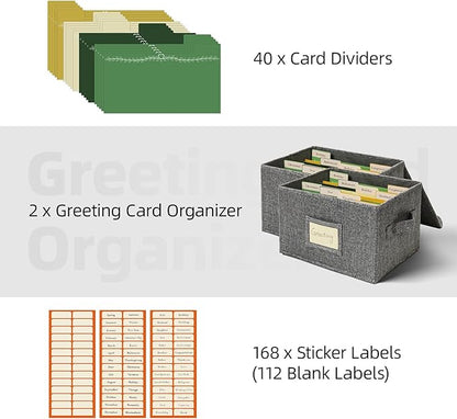 Vienrose Greeting Card Organizer Storage Box with 20 Removable Dividers, 84 Self-stick Labels, Perfect for Photos, Envelopes, Scrapbooking, Paper, Stickers Holder 2 Pack Grey