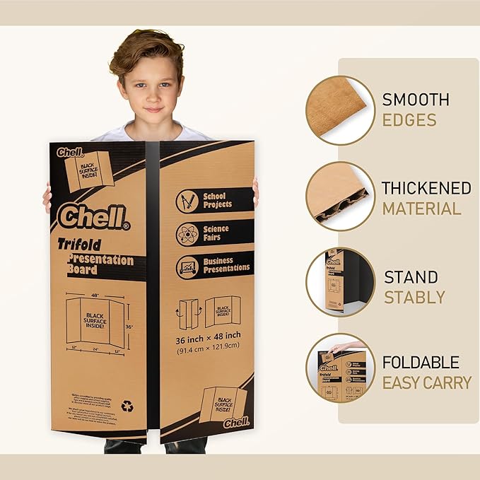 Chell 36" x 48" Trifold Poster Board, 4 Pack, Black Corrugated Project Boards for Science Fair, School Projects, Event Displays and Business Presentations