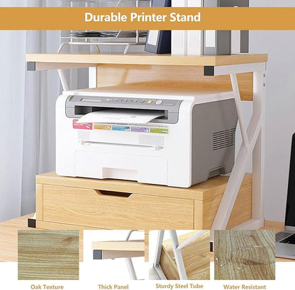 Printer Stand for Desk,2 Tier Desktop Printer Stand,Home Printer Stand with Storage Drawer,Small Printer Table,Desk Organizer Shelf for Top of Desk,Printer Rack for Fax Machine,Scanner-Oak