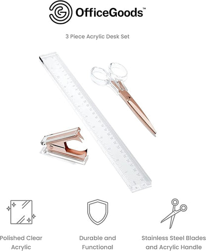 OfficeGoods 3 Piece Acrylic Desk Set - Includes Ruler, Staple Remover, Scissors - Functional & Elegant Desk Accessories - Stationery Tools for Home, Office, and School - Clear with Rose Gold Metal