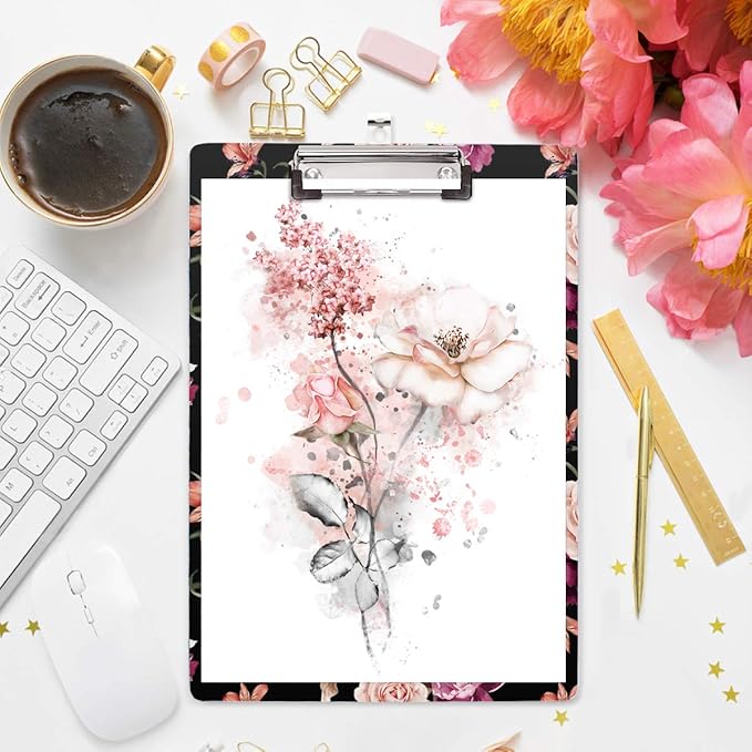 WAVEYU Clipboard Cute, Decorative Clipboard for Office School Hardboard with Low Profile Clip Flower Chic Clipboard Designed for Students Nurse Office Worker, Floral Pattern (12.5"x9")