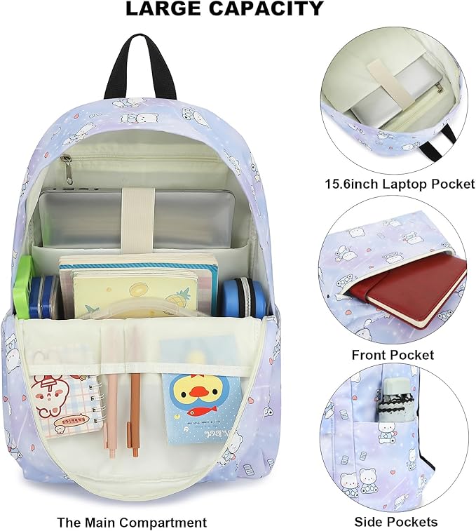 Bear School Backpack for Teens Girls, Womens College Bookbags Laptop Backpacks (Purple)