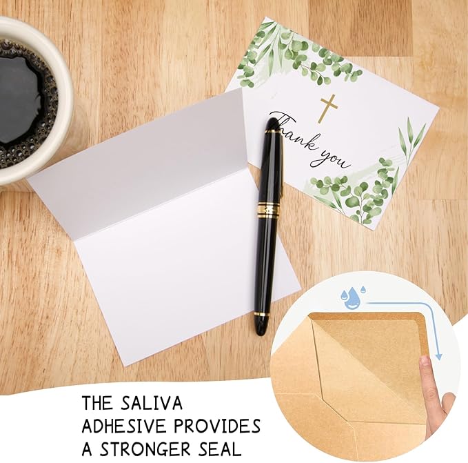 25 Pack Thank You Cards with Envelope & Stickers, 4 * 6in Watercolor Greenery Cross Blank Inside Thank You Card for Bulk Baptism, Wedding, Bridal Shower, Baby Shower, Communion, Funeral