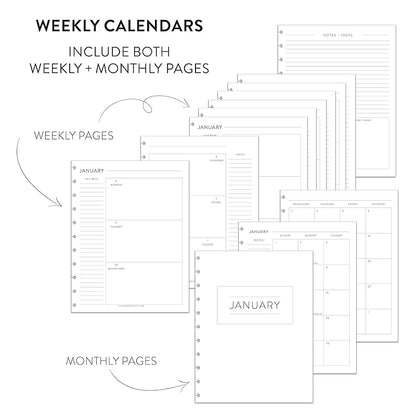 BetterNote Horizontal Undated Calendar Refill Pages for Disc Notebook, fits The Happy Planner, Discbound Levenger Circa, Staples Arc, TUL (Modern- 6 months, 8-Disc, 5.5"x8.5")