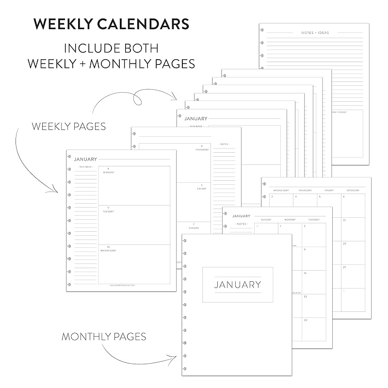 BetterNote Horizontal Undated Calendar Refill Pages for Disc Notebook, fits The Happy Planner, Discbound Levenger Circa, Staples Arc, TUL (Modern- 12 months, 11-Disc, 8.5"x11")