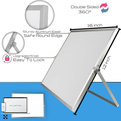 Dry Erase White Board, 16inX12in Large Magnetic Desktop Whiteboard with Stand, 8 Markers, 4 Magnets, 1 Eraser, Portable Double-Sided White Board Easel for Office Memo to Do List Desk School for Kids