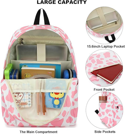 Cow Print School Backpack for Teens Girls, Womens College Bookbags Laptop Backpacks (Pink)