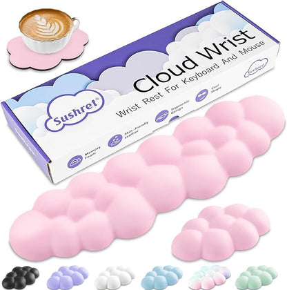 Cloud Wrist Rest Keyboard, Cloud Palm Rest Set with PU Leather Memory Foam, Cute Keyboard Rest for Wrist Support and Arm Rest, Desk Cloud Wrist Pad for PC/Gaming/Hand Cushion/Computer-Pink