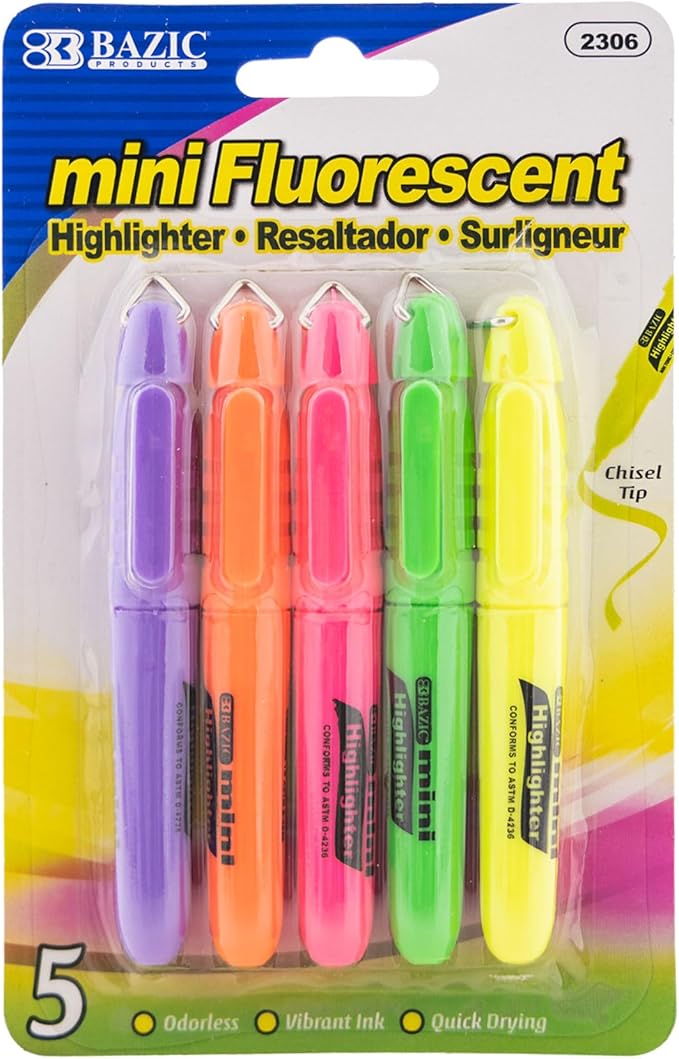 BAZIC Mini Highlighter Pen Assorted Color, Chisel Tip Broad Fine Line Highlighters Coloring Marker (5/Pack), 1-Pack
