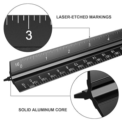 Architectural Scale Ruler, 12 Inch Aluminium Architect Scale Ruler, Imperial Metal Engineers Triangular Ruler for Architects, Students and Draftsmen, Laser Etched Markings