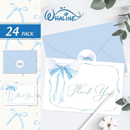 Whaline 24 Packs Blue Bow Thank You Cards Coquette Bowknot Greeting Cards Blank Note Cards with Envelopes and Stickers for Birthday Wedding Baby Shower, 4 x 6 Inch
