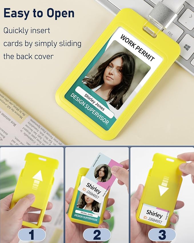 Uniclife 3 Pack Sliding ID Badge Holder Vertical Hard Plastic Case with Clear Window Yellow Card Protector Pouch for Office School ID Credit Cards Proximity Key Cards Driver’s Licenses and Passes