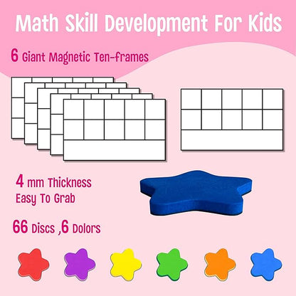 Magnetic Ten-Frame Set, 6 Frames & 66 Colorful Star-Shaped Counters Ten Frame Math Games Manipulative Counting Toys for Kindergarten Preschool, 6 Colors & 2 Markers (Fridge & Hand-held)