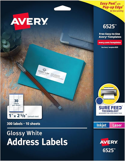 Avery Address Labels with Sure Feed and Easy Peel Technology, Glossy White Labels, 1" x 2-5/8", Permanent Adhesive, Laser/Inkjet, 300 Glossy Labels (6525)