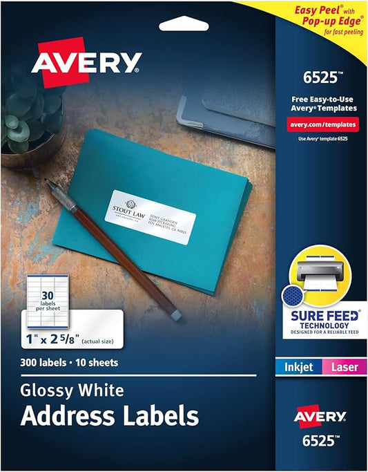 Avery Address Labels with Sure Feed and Easy Peel Technology, Glossy White Labels, 1" x 2-5/8", Permanent Adhesive, Laser/Inkjet, 300 Glossy Labels (6525)