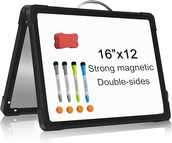 H-Qprobd Small Dry Erase White Board - 16"x 12" Double Sided Mini Foldable Magnetic Desktop whiteboard for Drawing, Teacher Instruction and Meeting Discuss