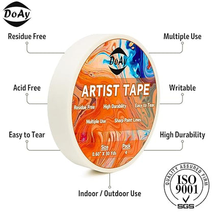 4 Pack White Artist Tape - Art Masking Tape for Watercolor Paper, Canvas Acrylic Painting, Curves, Framing, Paint, Gouache, Console - Acid Free Drafting Tape 0.60" Wide - 360FT Total