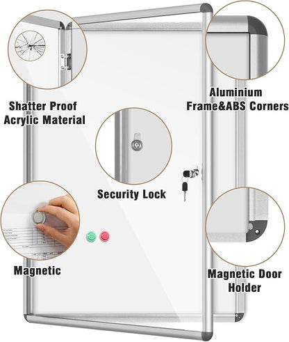 38"x28" Enclosed Bulletin Board, Lockable Weather-Resistant Aluminum Noticeboard for School & Office, Silver Frame w/Magentic Whiteboard