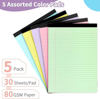 WINKIO Colored Legal Pads,5 Pack Writing Pads 8.5 x 11 inch, Micro Perforated Notebooks with Sturdy Back, Wide Ruled, 30 Sheets Per Writing Pad for School, College, Office, Professional