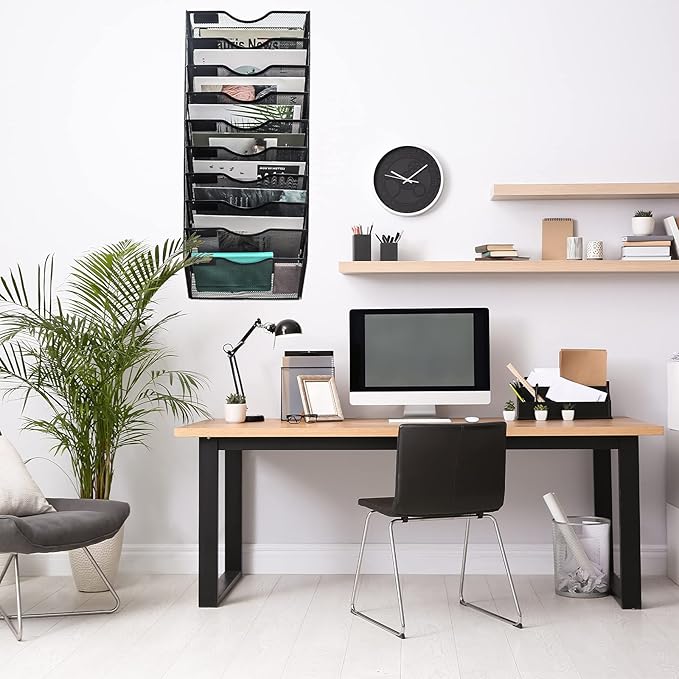 EASEPRES 10 Pockets Mesh Wall File Holder Organizer Office Hanging Magazine Rack, Black